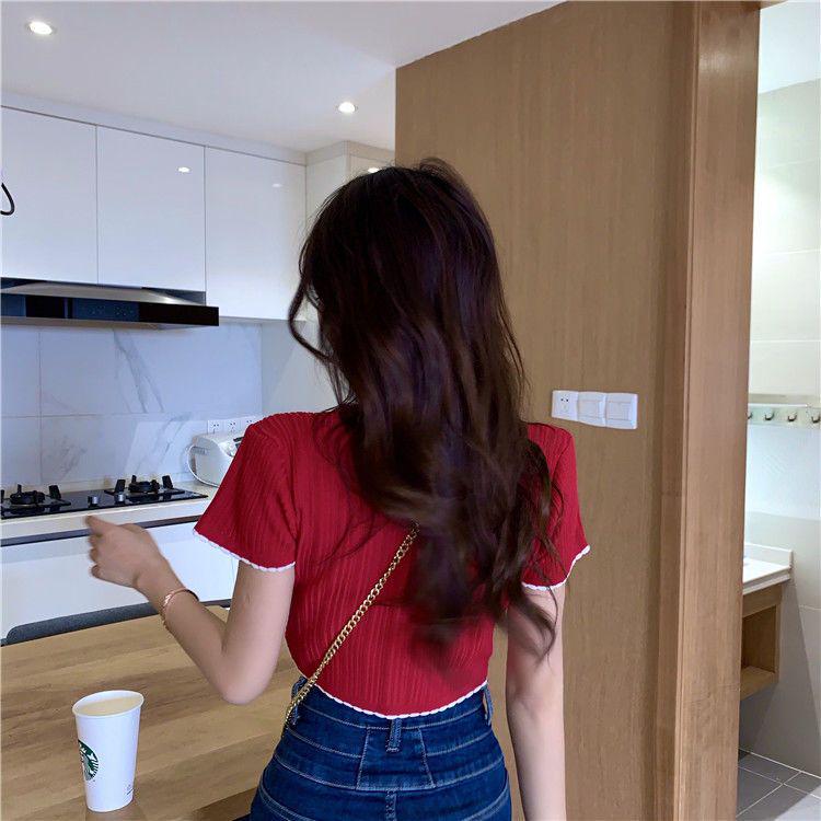 Damski top dzianinowy z lodowego jedwabiu z dekoltem w serek 2025 Slim Fit - Letni z krótkim rękawem, z wysokim stanem