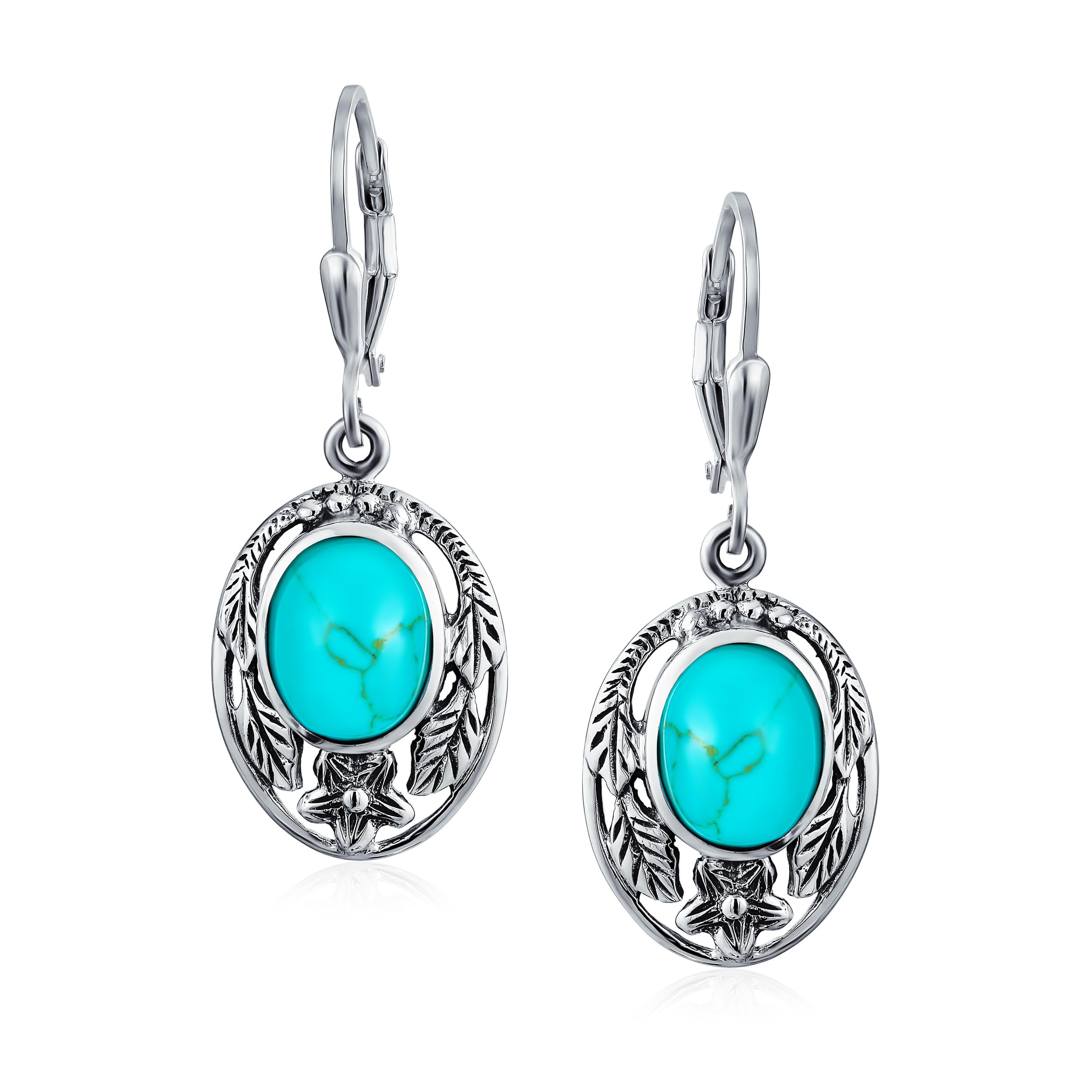 

Jewelry Oval Flower Leaf Carved Blue Turquoise Leverback Earrings for Women in Oxidized Sterling Western .925 Silver