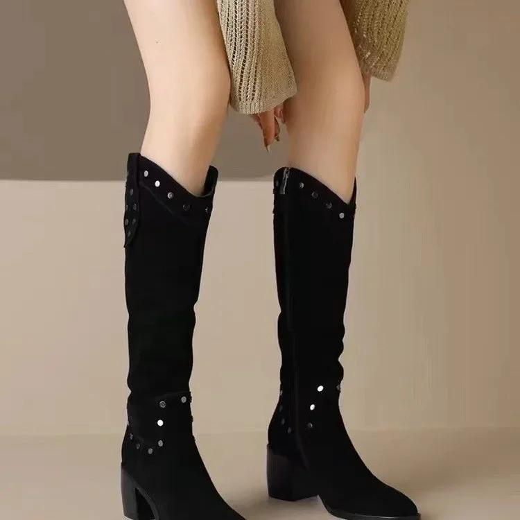 

Fashion Women Knee High Chelsea Boots High Heels Pointed Toe Shoes 2024 Winter New Chunky Casual Designer Fashion Warm Lady Zapatos 35 чёрный