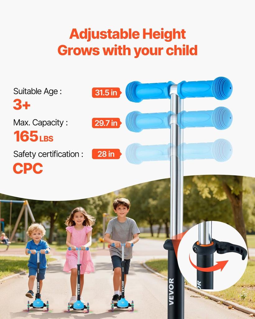 Kick Scooter for Kids Ages 3+, 3-Wheel Toddler Scooter with Light-Up Wheels, Adjustable Height Handlebar, Wide Anti-Slip Deck, Lightweight Aluminum