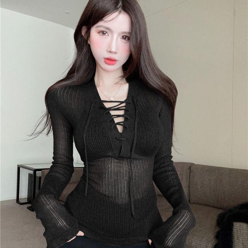 Spicy Girl Top Autumn Women's Wear Caution Machine Sexy V-neck Strap Bottom Long Sleeve Slim Fit Look Knitted Sweater