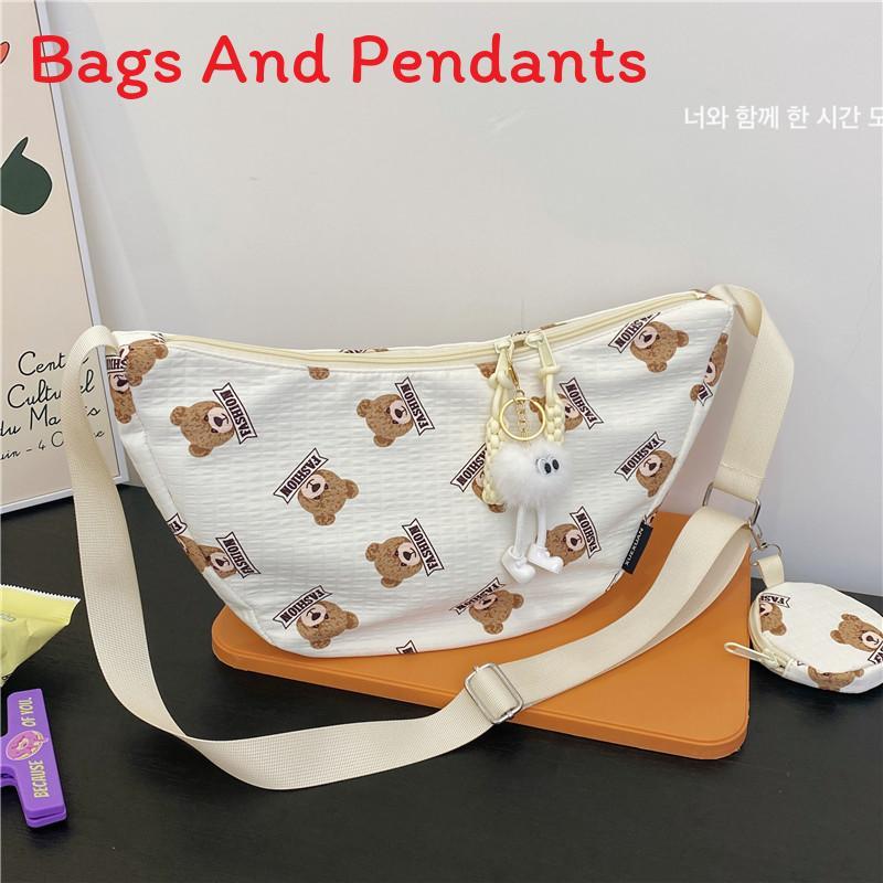 Cute Bear Print Cotton Shoulder Bag For Daily Use With Zipper Closure And Mobile Pocket