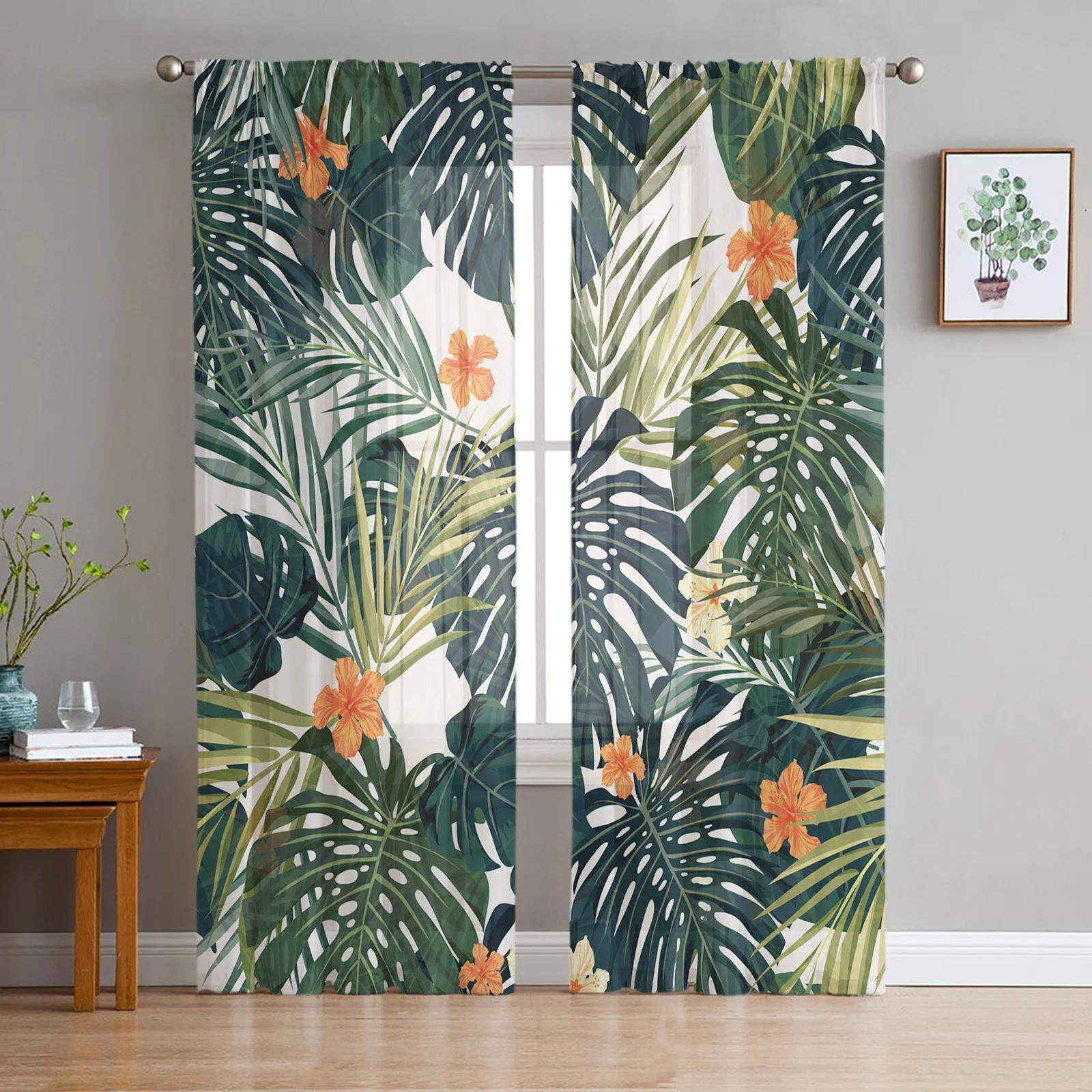 

Exotic Tropical Plants Floral Blooms Transparent Drapes Living Room Window Panel Fine Netting Curtains For Bed Chamber Cooking Area Home W135 x H115cm x1&Grommet Top