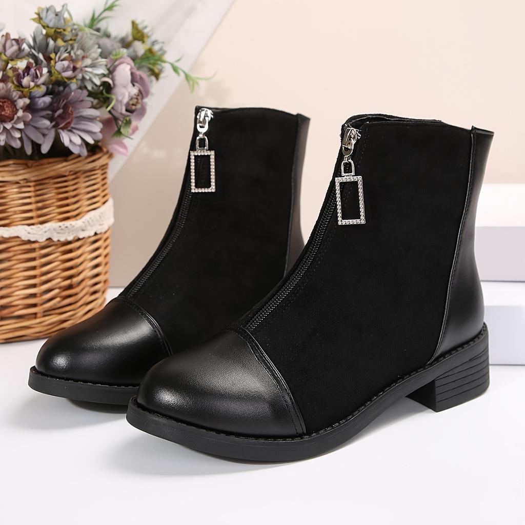 Fashion Retro Solid Black Ankle Boots Women 2025 Autumn Comfort Medium Heel Vintage Stretch Boots Glitter Zip Decoration Woman's Shoes