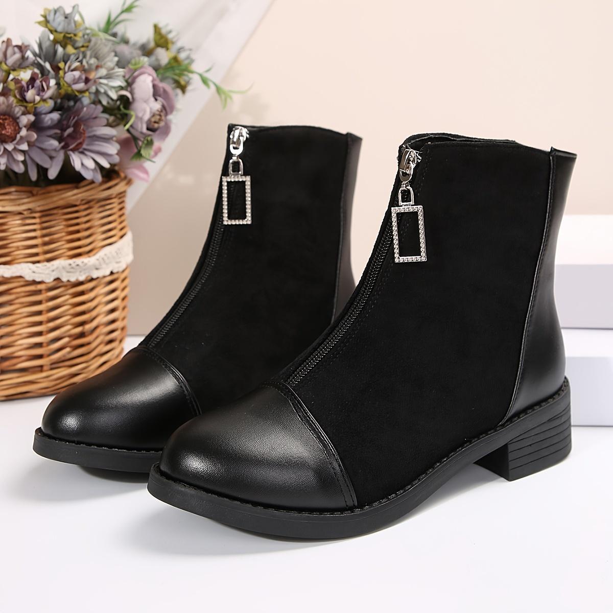 

Retro Solid Black Ankle Boots Women 2025 Autumn Comfort Medium Heel Vintage Stretch Boots Glitter Zip Decoration Woman s Shoes 42 чёрный
