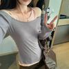 Korean Style Slim-Fit Faux Two-Piece T-Shirt for Women - Autumn/Winter, Elegant Color Block Design