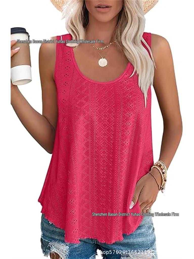 2024 Spring/Summer Sleeveless Hollow Jacquard Top - Women's Casual Round Neck Vest