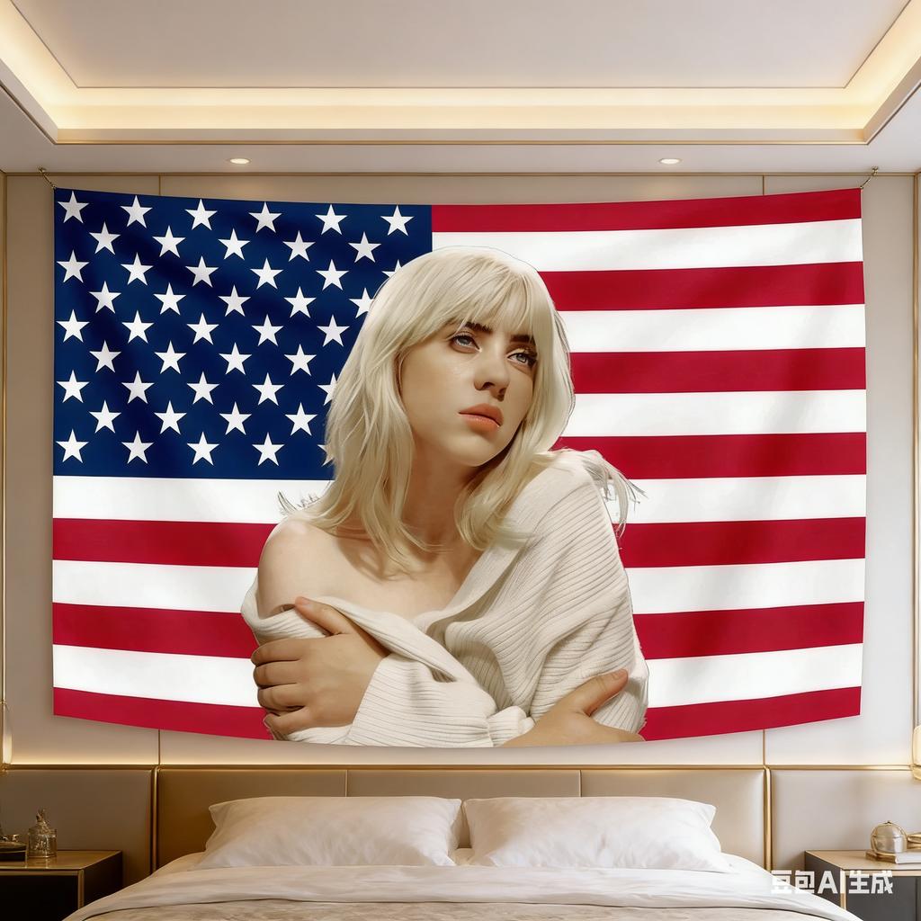 1 Stück Billie Eilish US-Flagge Wandteppich für Schlafzimmer Wohnzimmer, Polyester 2D-Druck, Coole Musikdekoration & Einzigartiges Fan-Geschenk