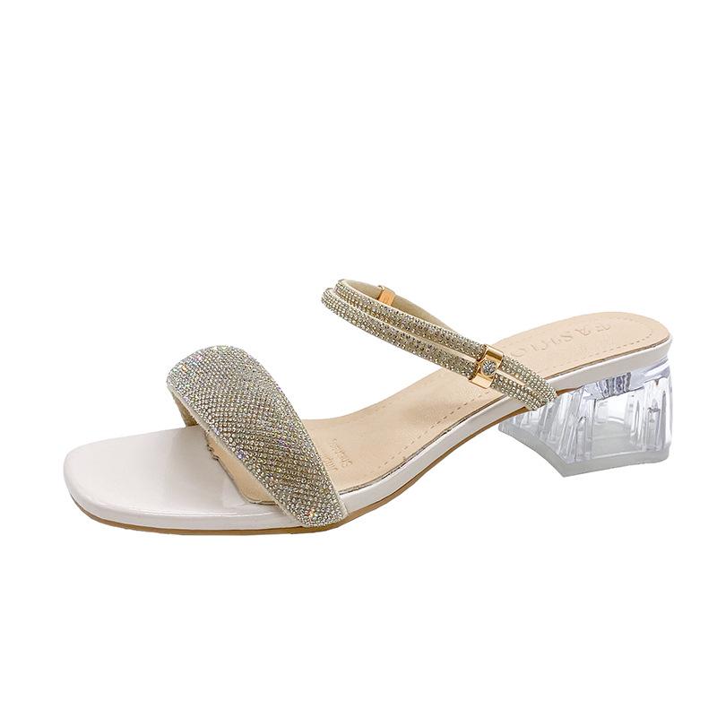 Sandale cu toc mediu și strasuri pentru femei, stil coreean - Papuci de modă Fairy 2024