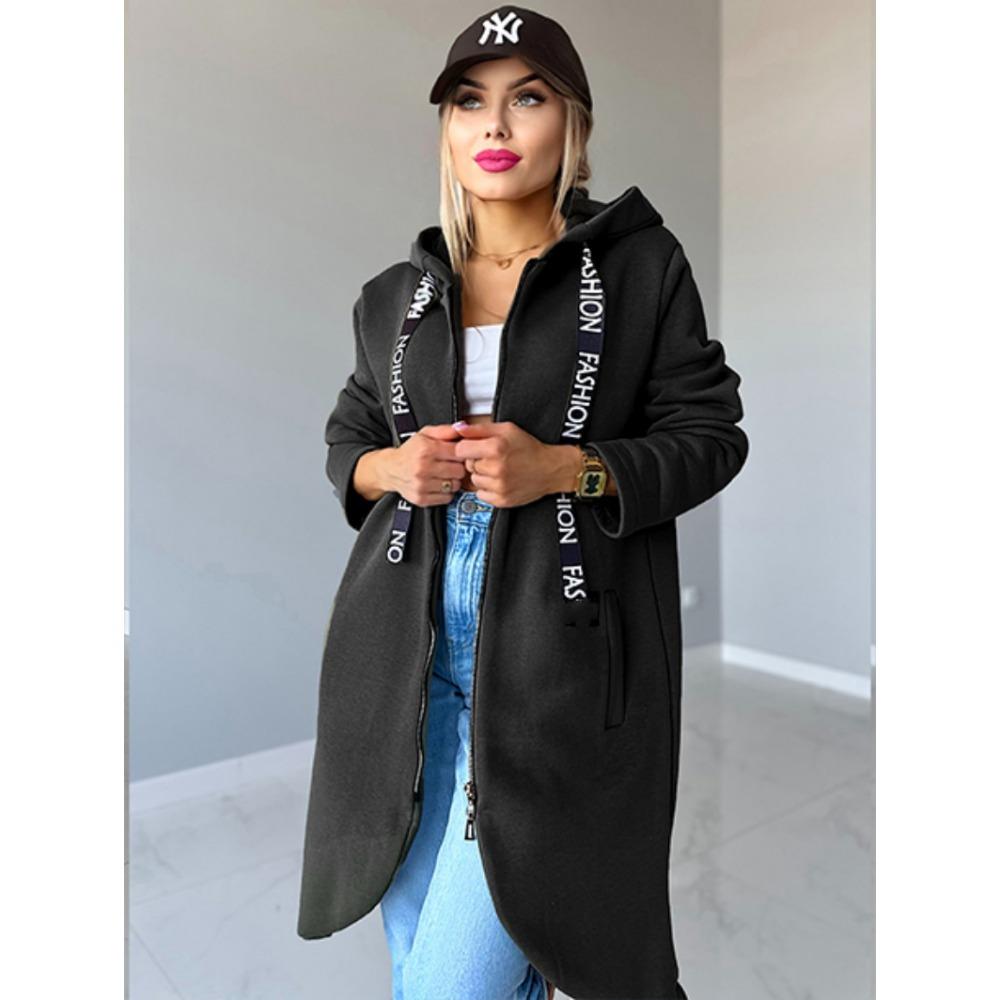 Sportovní fleecová mikina s kapucí, ležérní s dlouhým rukávem na zip, dámská nadměrná velikost, jednobarevný kabát