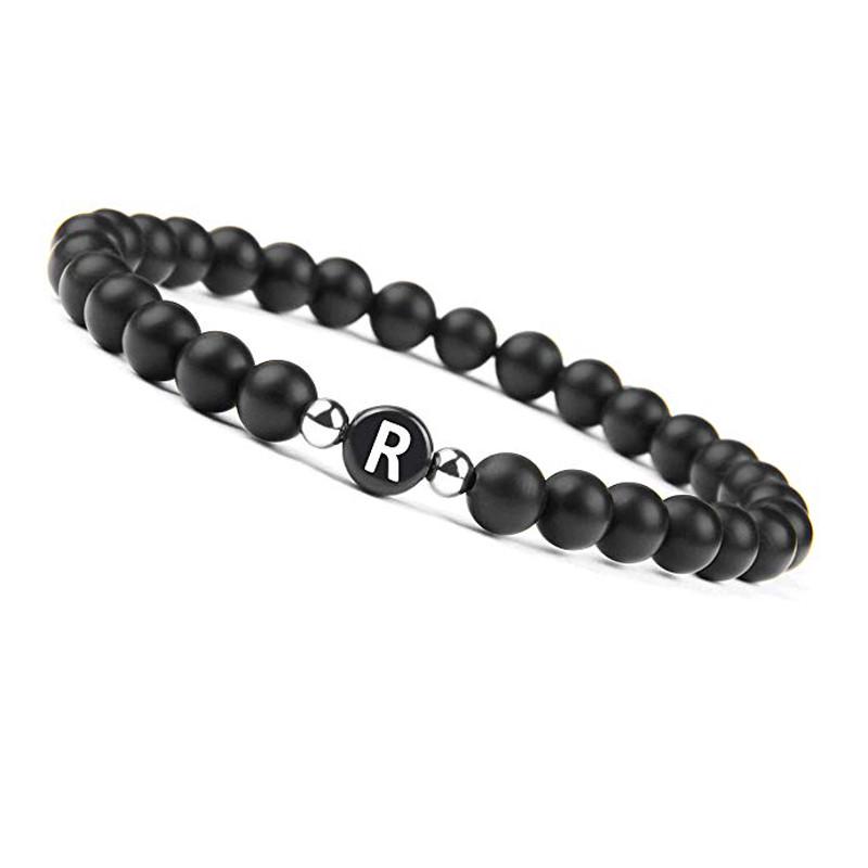 

Эластичный браслет из бусин чёрного агата с буквой английского алфавита на выбор Унисекс R