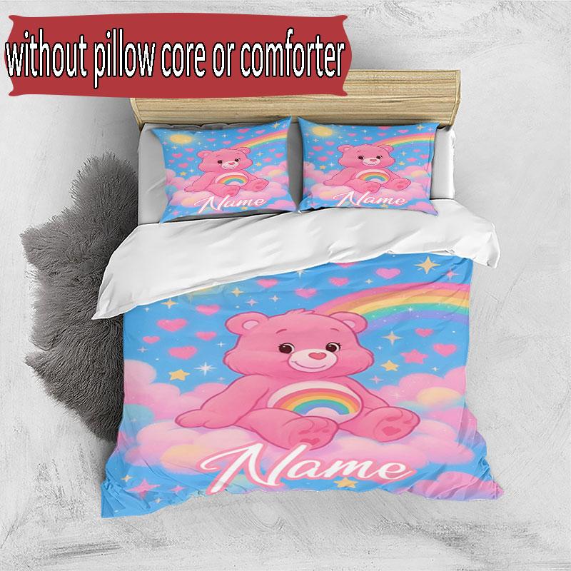 3'lü Nevresim Takımı (1*Nevresim Kılıfı + 2*Yastık Kılıfı, Çekirdeksiz), Kişiye Özel İsimli Care Bears Desenli Nevresim Takımı, Ev Yatak Odası Dekorasyon Hediyesi