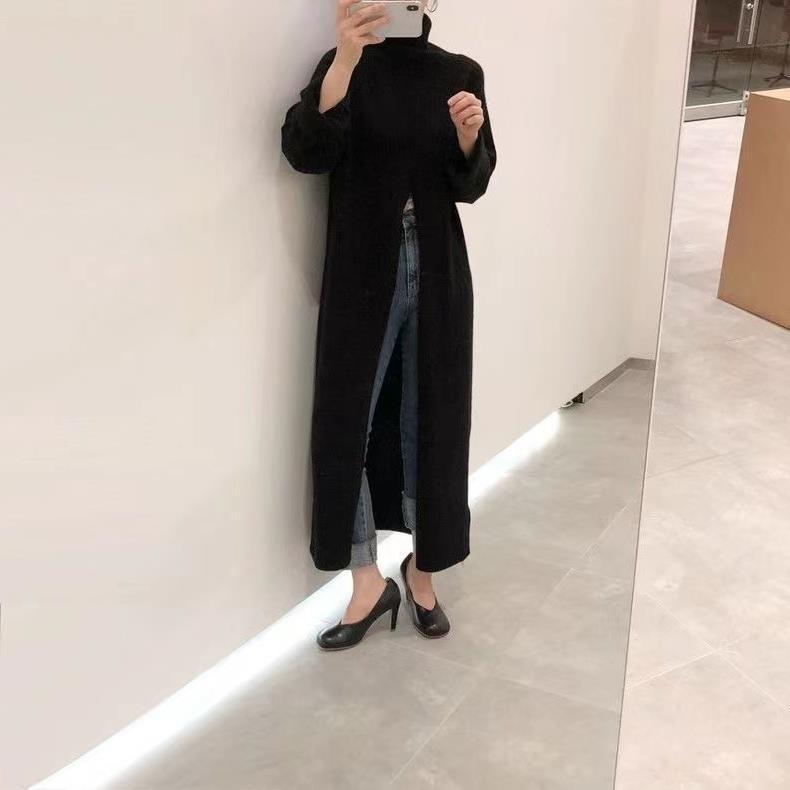 

Корейский шик Свитер крупной вязки с высоким воротом свободного кроя до колена, стройнящий, для женщин - Осень/Зима Нишевый дизайн Small чёрный