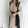 Vintage Frühling Herbst Frauen Lange Kleid Oansatz Volle Hülse Spitze-Up Patchwork Weibliche Pullover Kleid Dünne Gestrickte Vestidos 2021