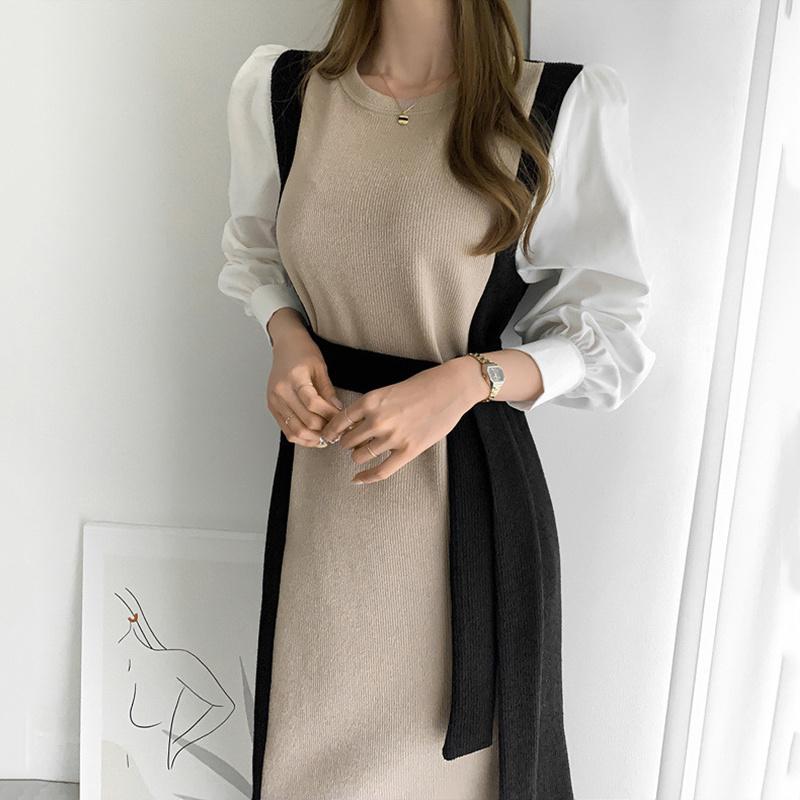 Vintage Frühling Herbst Frauen Lange Kleid Oansatz Volle Hülse Spitze-Up Patchwork Weibliche Pullover Kleid Dünne Gestrickte Vestidos 2021