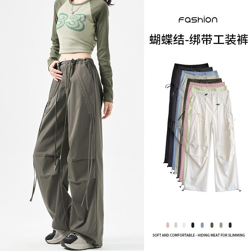 Bow overalls women's spring new paratrooper pants high waist wide legs thin lace-up casual sports pants