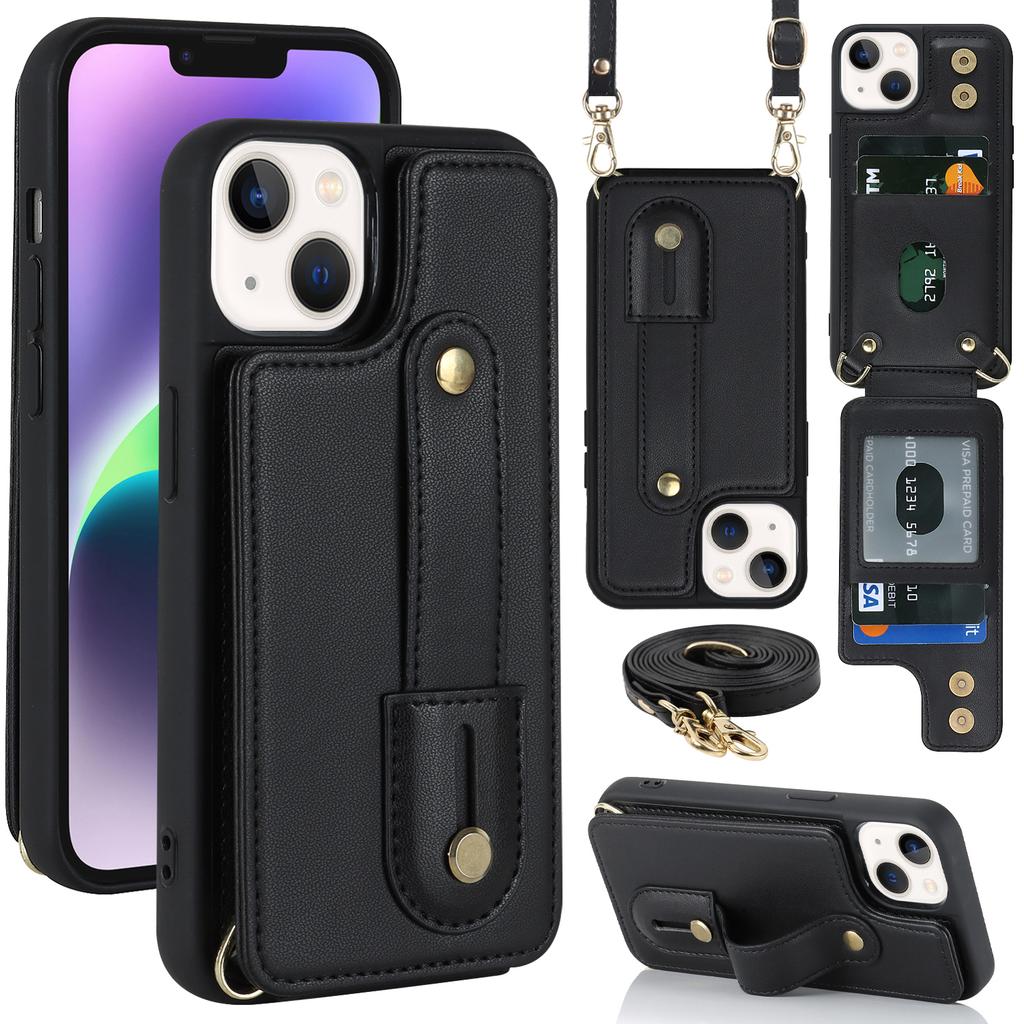 Card Holder Shell for iPhone 15,Kickstand Case PU Leather Coated TPU Phone Cover with Shoulder Strap