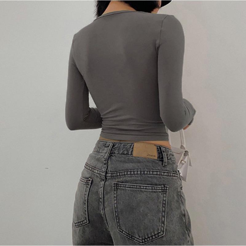 Spring and Autumn Women's Blouse Short Round Neck Fashionable Versatile Casual Long-sleeved Tops