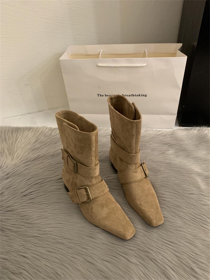 

2025 autumn new niche design retro French short boots small square head western boots suede medium boots women s boots 40 хаки