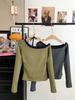 Herbst/Winter gestreiftes One-Shoulder Langarm-Damenoberteil mit abnehmbarem Brustpolster