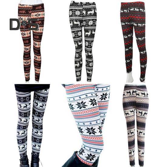 Høst Vinter Leggings Elg Snøfnuggtrykk Skinny Høy midje Stor Elastisitet Rumpe løftet Tykk Varm Myk Jul Langbukser Bunnbukser