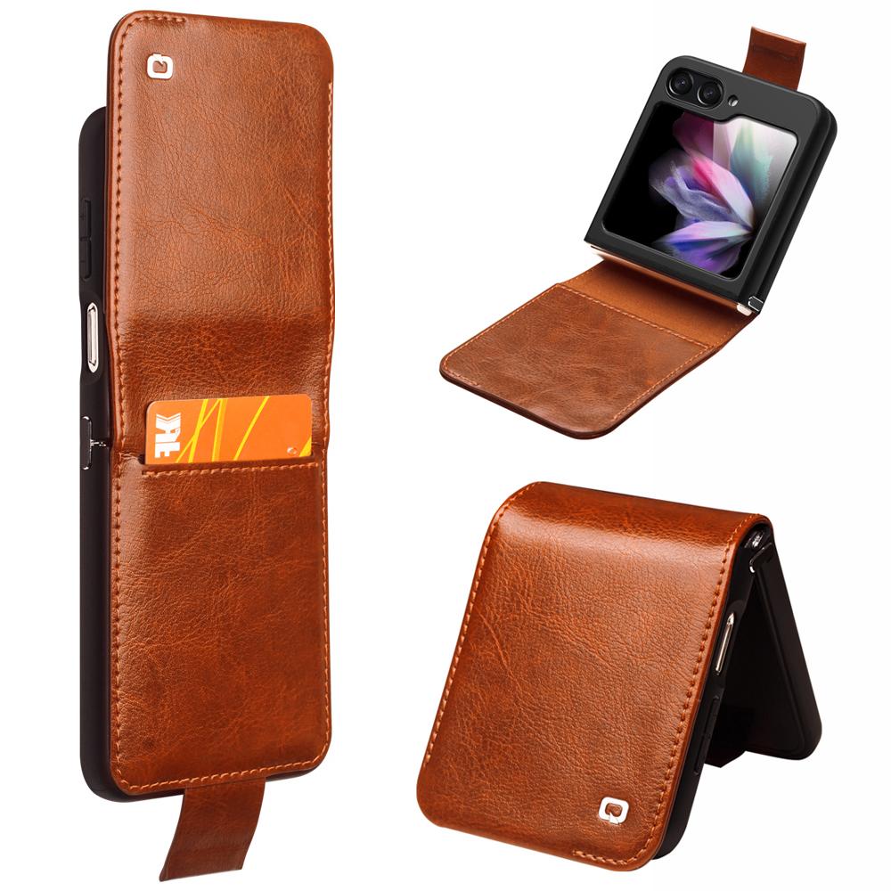 QIALINO For Samsung Galaxy Z Flip5 5G Genuine Cow Leather+PC Phone Case Card Holder Slim Fit Cover