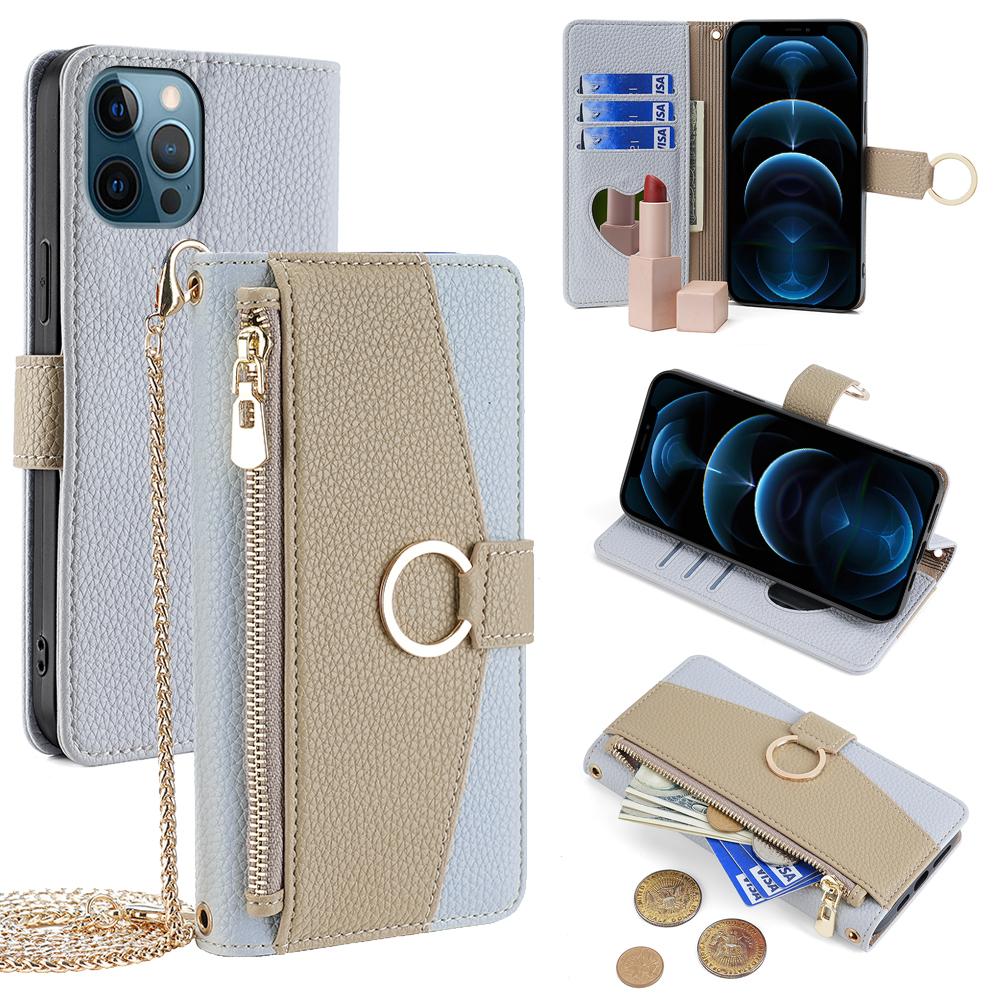 For iPhone 12 Pro Max Case Multi-functional PU Leather Wallet Phone Bag Cover with Chain Strap C