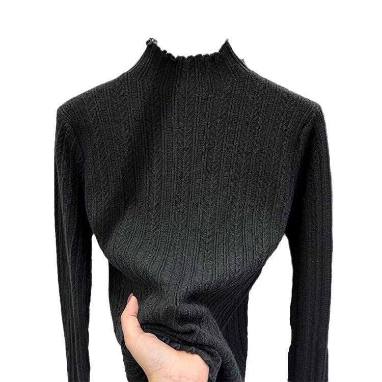 Women's White Half Turtleneck Knitted Sweater with Wheat and Wood Ear Detailing - Perfect for Spring, Autumn, and Winter Layers
