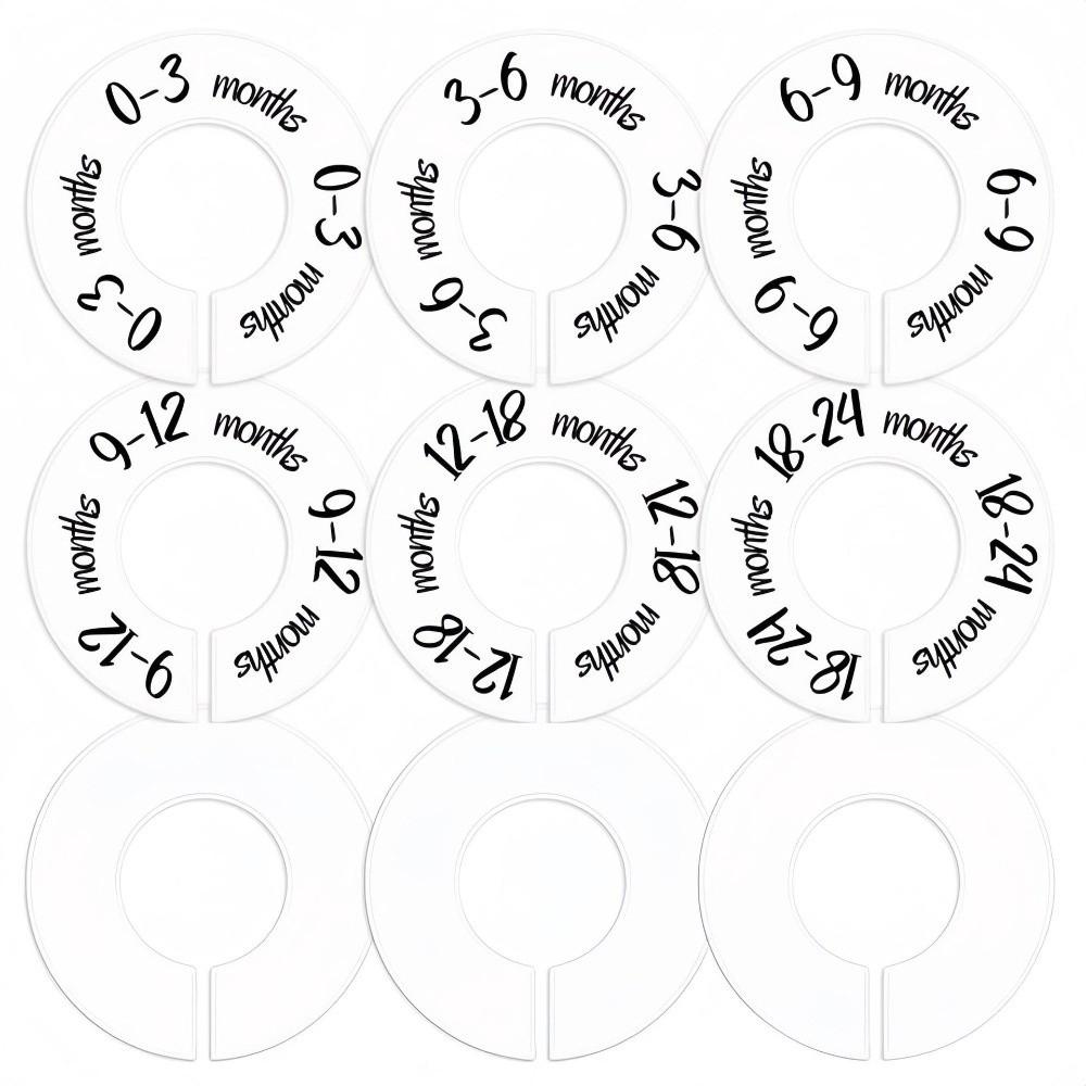68/9Pcs Organizing Hangers Clothing Size Dividers DIY Craft Plastic Garment Labels 0-24 Months Round Size Tags Rings