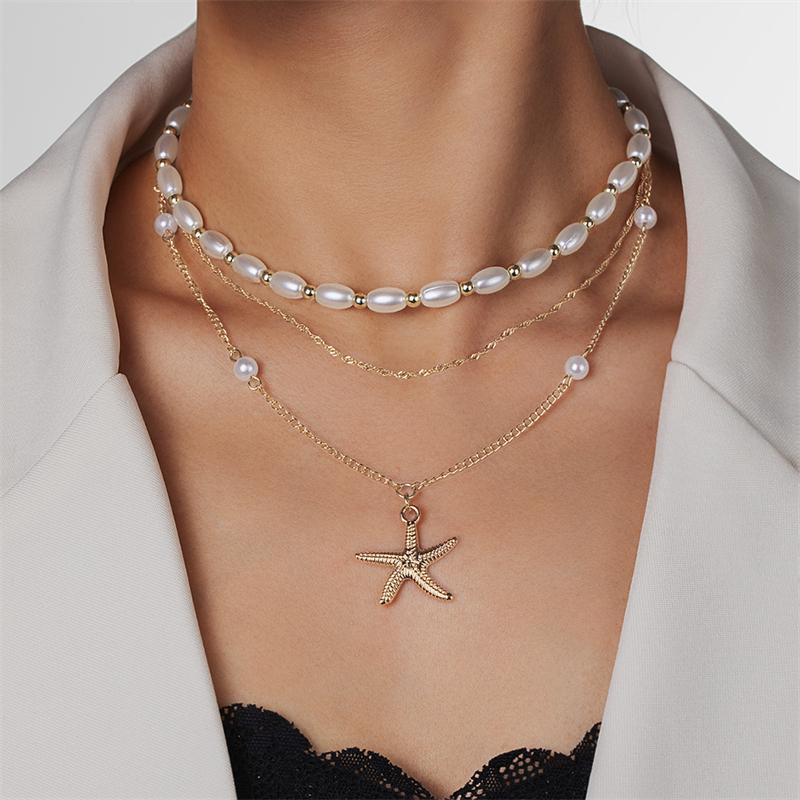 Boho Starfish Multi-elements Pendant Choker Necklaces for Women  Metal Shell Necklaces Girl Aesthetic Party Jewelry Gift