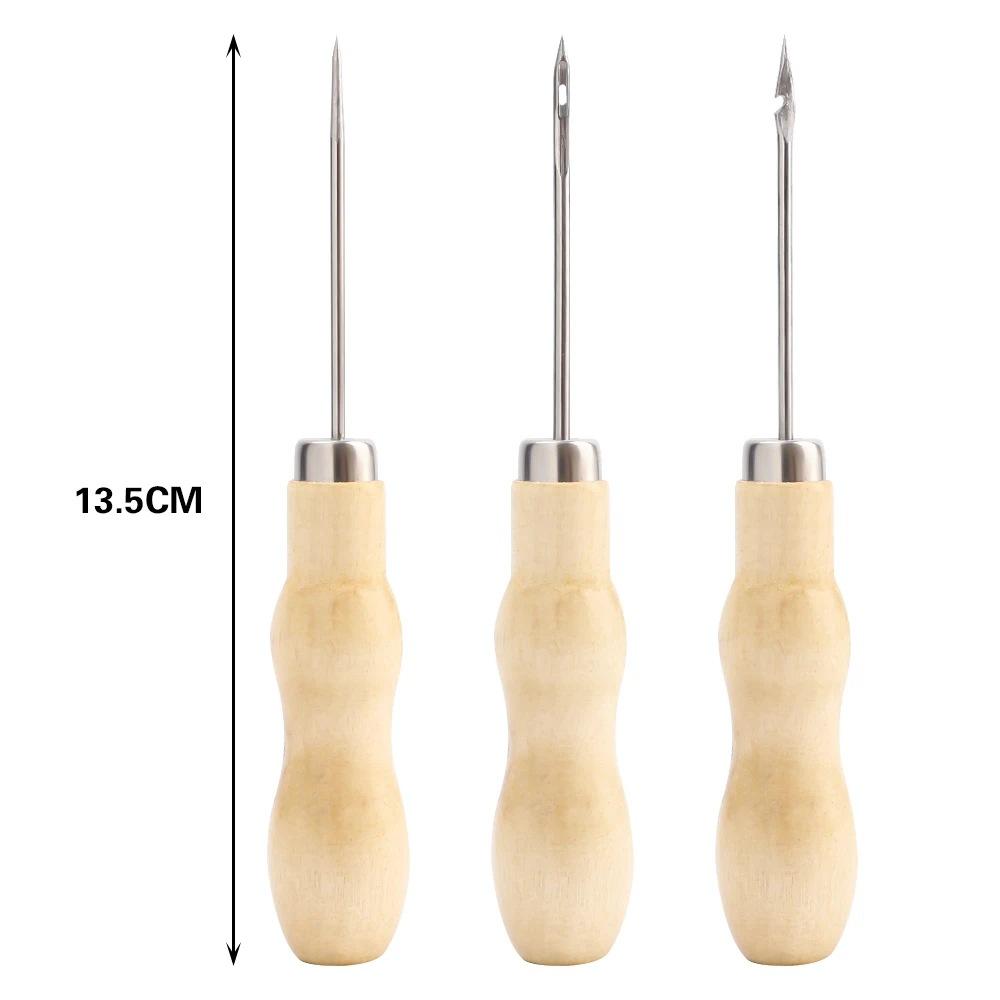 Wooden Handle Metal Cone Punch Needles - Fine-Tipped Tapered Faux Leather Crafting Tools with Ergonomic Grip for DIY Shoe Repair