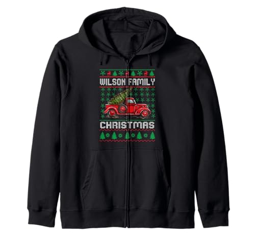Wilson Family Ugly Christmas Sweater Red Truck Funny Christmas Zip Hoodie