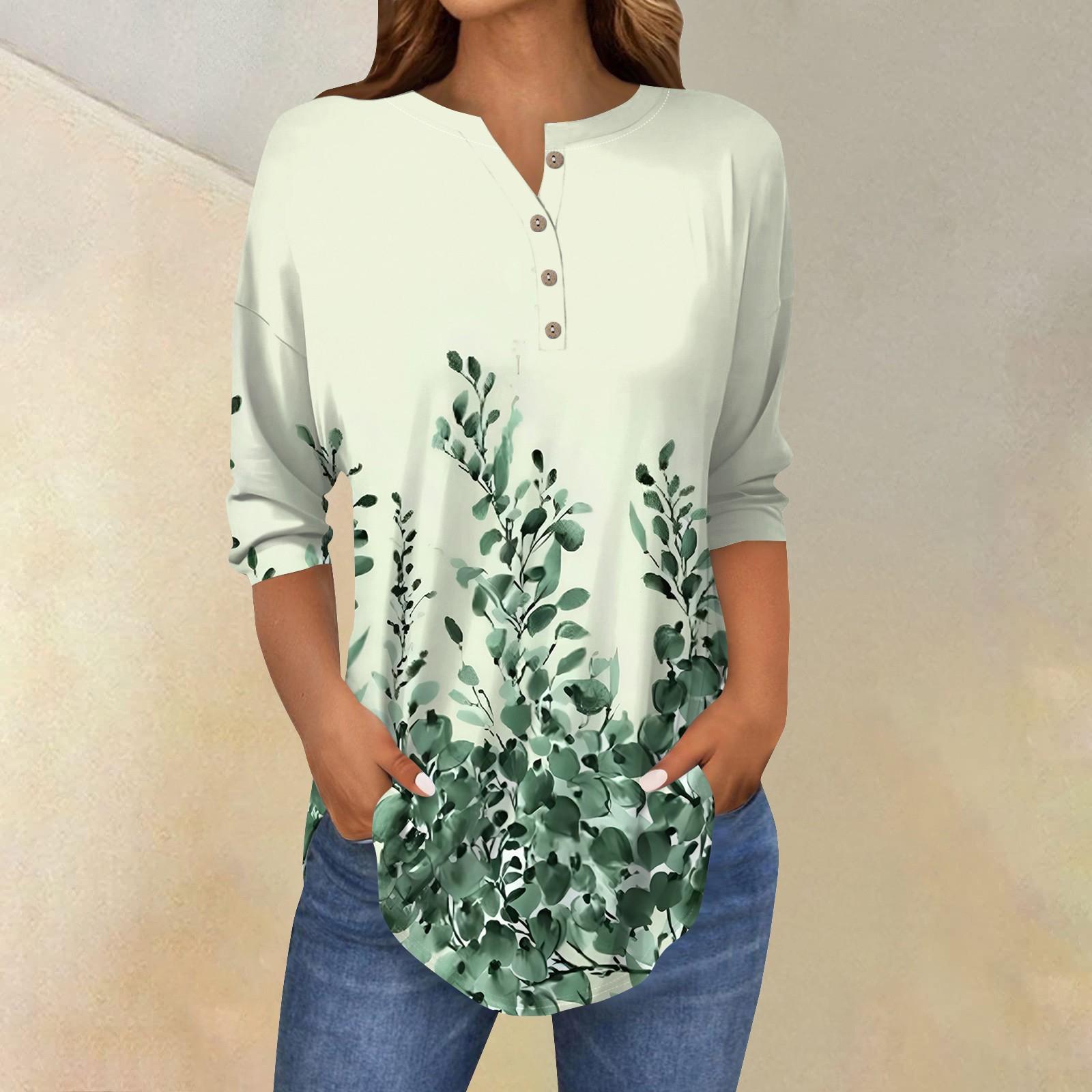 

Женские топы с рукавами 3/4, летние футболки с цветочным принтом и V-образным вырезом, повседневные базовые футболки с пуговицами, туники S