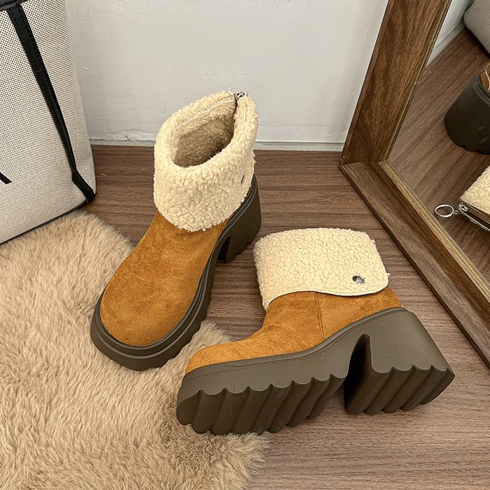 

Platform Thick Heel Woman Fleece-lined Ankle Boots Fashion Round Toe Height Increase Shoes Ladies Warm Cotton Modern Bottes 35
