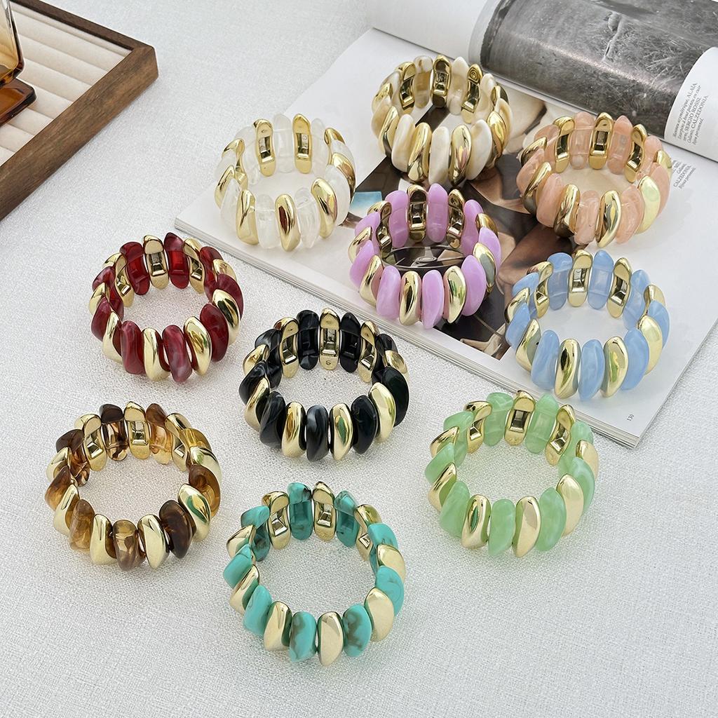 Retro Bunt gefärbtes Acrylharz Elastizität Armreif Geometrisch Übertrieben Breit Rund Stretch Armreifen für Frauen Klobiger Schmuck