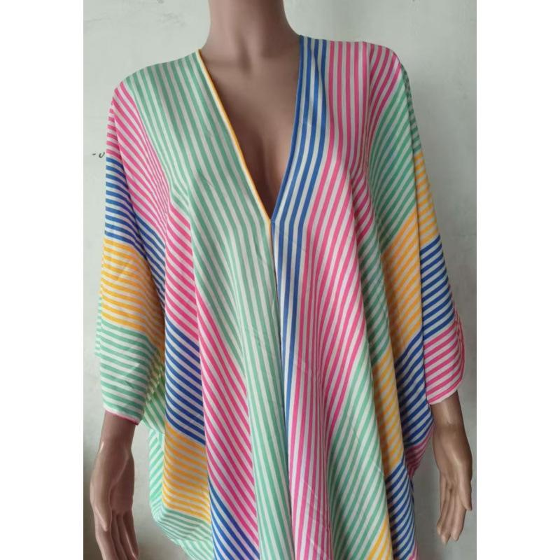 Europäisches & Amerikanisches Sommer 2026 V-Ausschnitt Gestreift Locker Freizeit Strandkleid