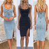Women's U Neck Sleeveless Midi Denim Dress Slim Fit Casual Button Front Pencil Dress