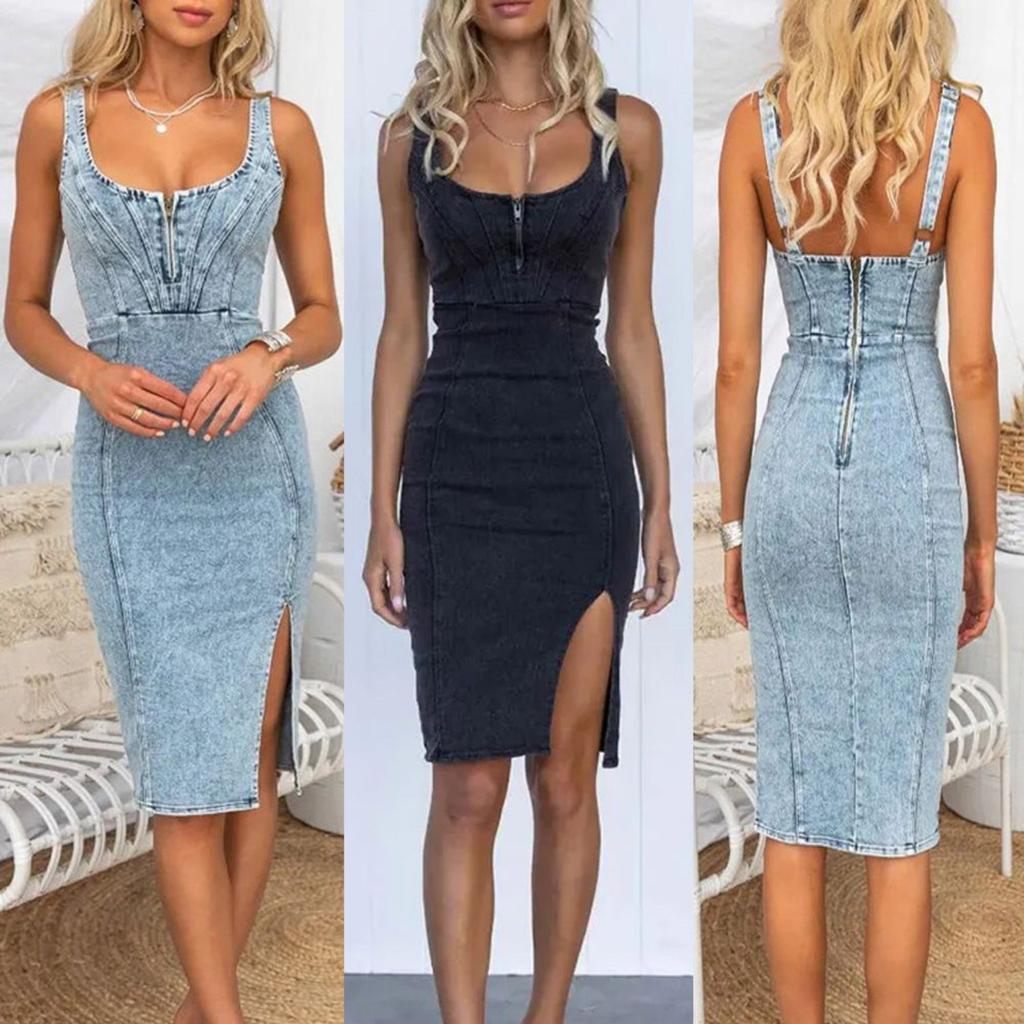 Women's U Neck Sleeveless Midi Denim Dress Slim Fit Casual Button Front Pencil Dress
