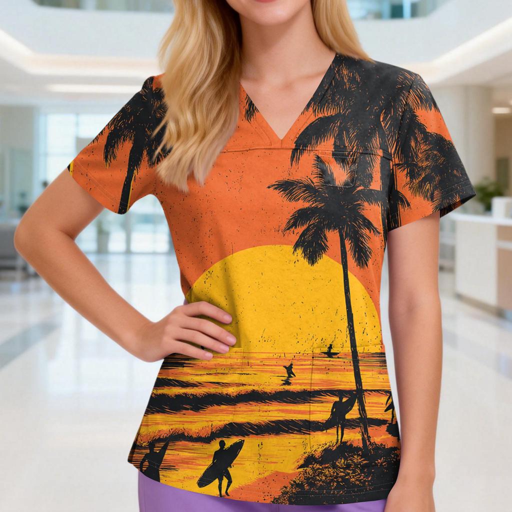 Damen V-Ausschnitt Drei-Taschen Kurzarm Retro-Print Uniform/Pflegekraft Oberteil Mit Schlitzen Am Saum