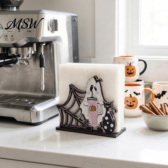 Festive Table Decor Halloween Wooden Napkin Holder, Ghost Pumpkin Decorative Tabletop Tissue Dispenser, Holder Paper Storage Organizer for Holiday