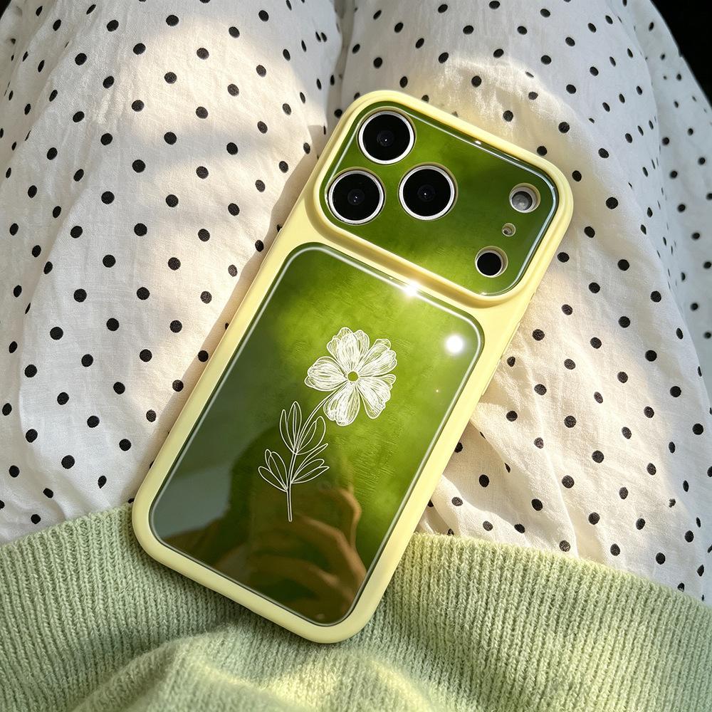Green bottom line flower is suitable for iPhone16/17Promax mobile phone case, niche high-end Apple 17 case.
