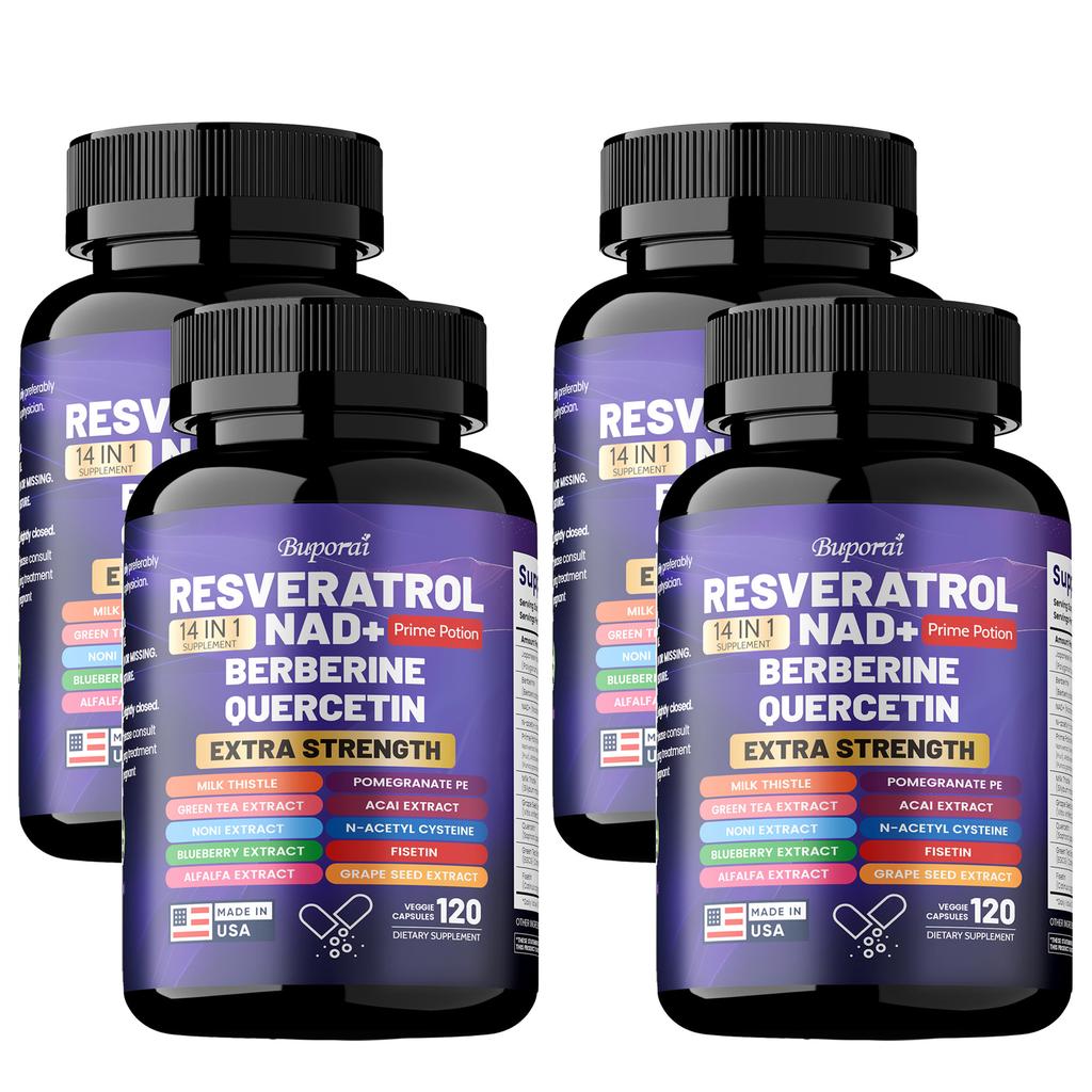 Buporai Resveratrol Supplement, containing milk thistle, berberine, green tea, blueberry, and grape seed extract, suitable for adults.