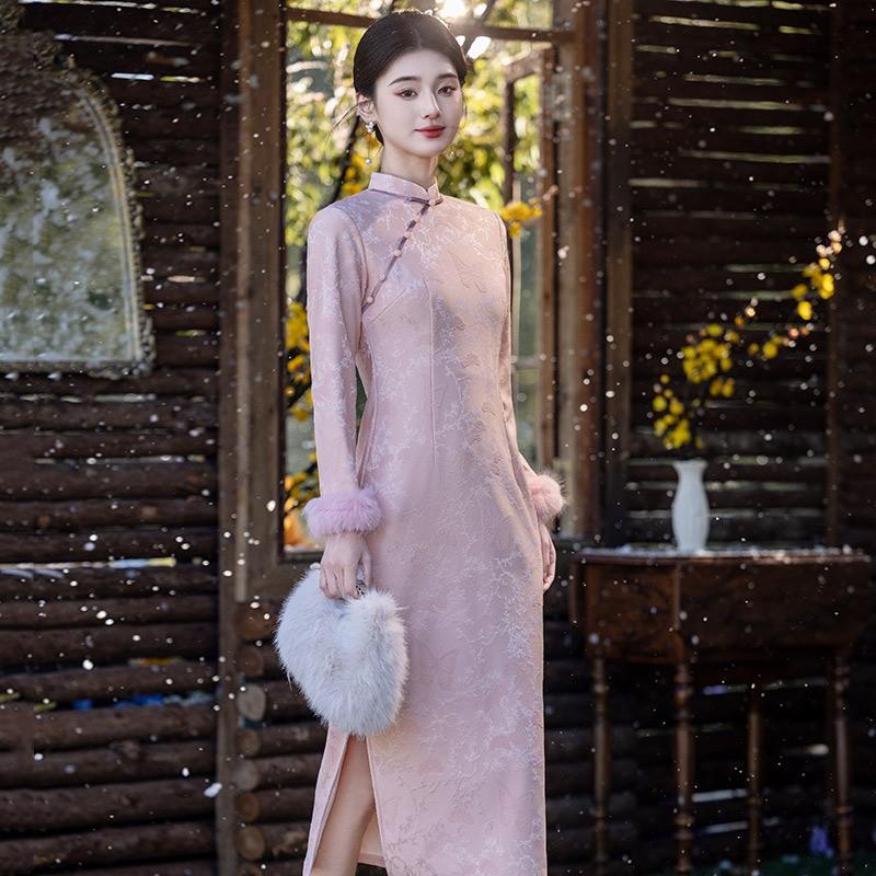 Womens Long Sleeve Winter Warm Chinese Style Qipao Dress With Fleece Lining Pink Yellow Plus Size S-3XL