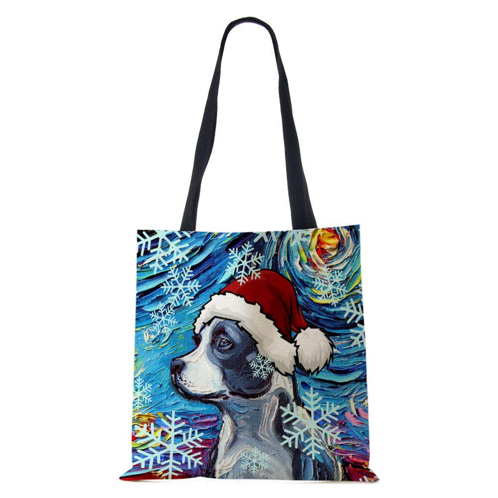 Christmas Dog Canvas Shopper Tote Bag Utskrift Harajuku Kvinner Gjenbrukbar skulderveske 2022 Casual Stor kapasitet sammenleggbar håndveske