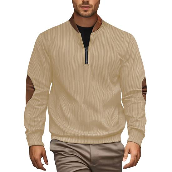 Men Sweatshirt Half Zipper Plaid Stand Collar Elbow Decoration Pullover Tops Long Sleeve Jacket Work Date Wear