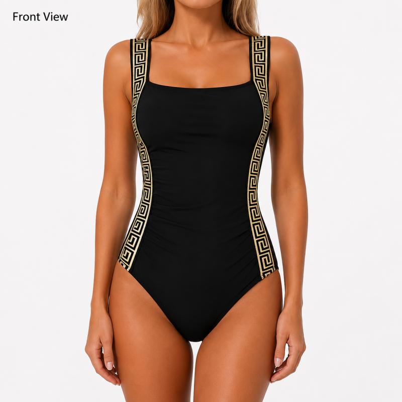 Women One Piece Swimsuit Black Sleeveless Bikini Swimwear With Contrast Trim Wide Straps For Adult Beach Pool Swimming Water Sports
