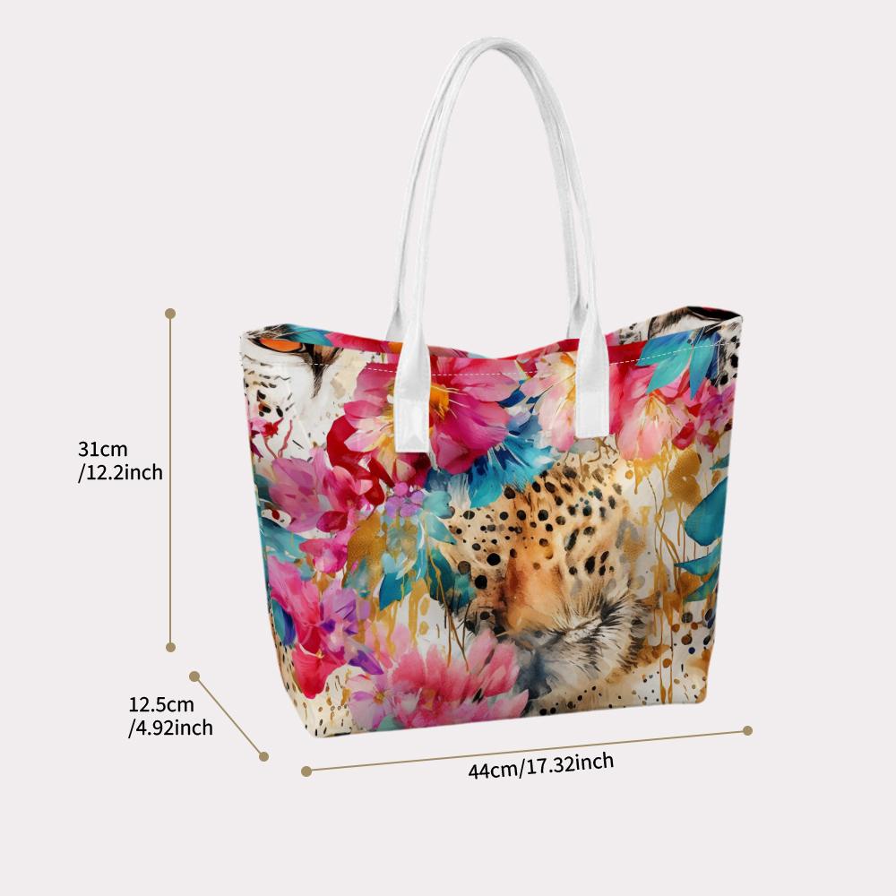 Watercolor Leopard Floral Fashion Women Casual Large Capacity Tote Bag Daily Use Shoulder Handbag