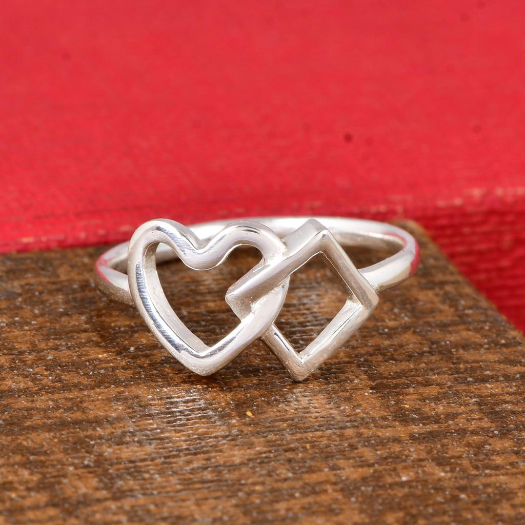Heart and Square Silver Ring, Minimalist Geometric Ring, Dainty Heart Ring, Sterling Silver Open Shape Ring, Modern Gift for Her