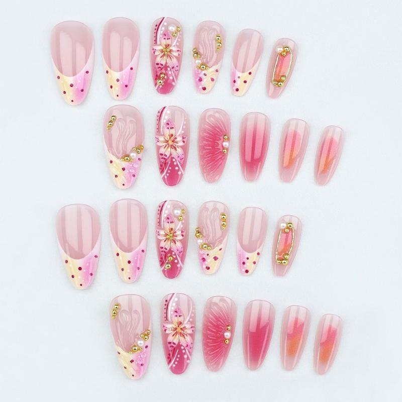 3D Floral Rhinestones Pearls Gradient Pink Press On Nail With Gold Foils Design For Women Party