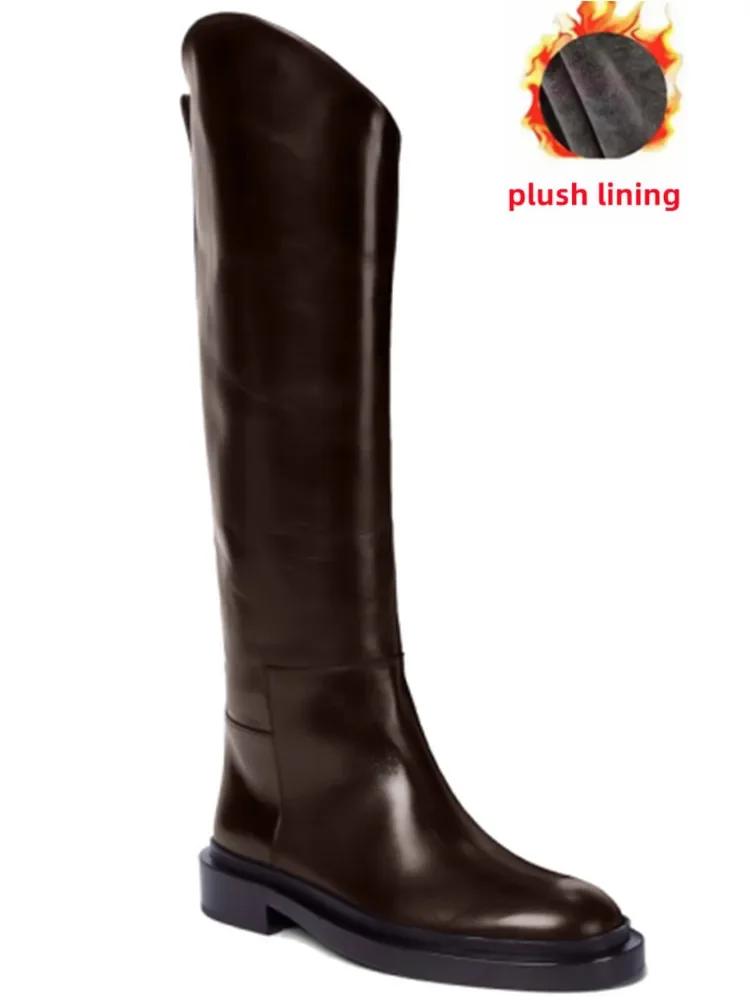 

European and American ladies Fashion Round Toe Knee Length Flat Leather Boots, Size 34-46 Women s Knight Boots 35